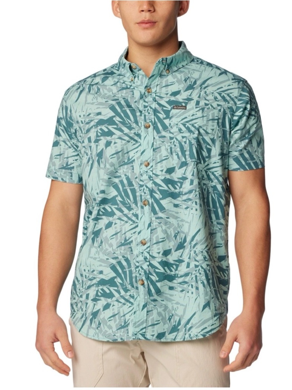 Columbia Men's Short-Sleeve Teal Leaf Print Button-Up Shirt